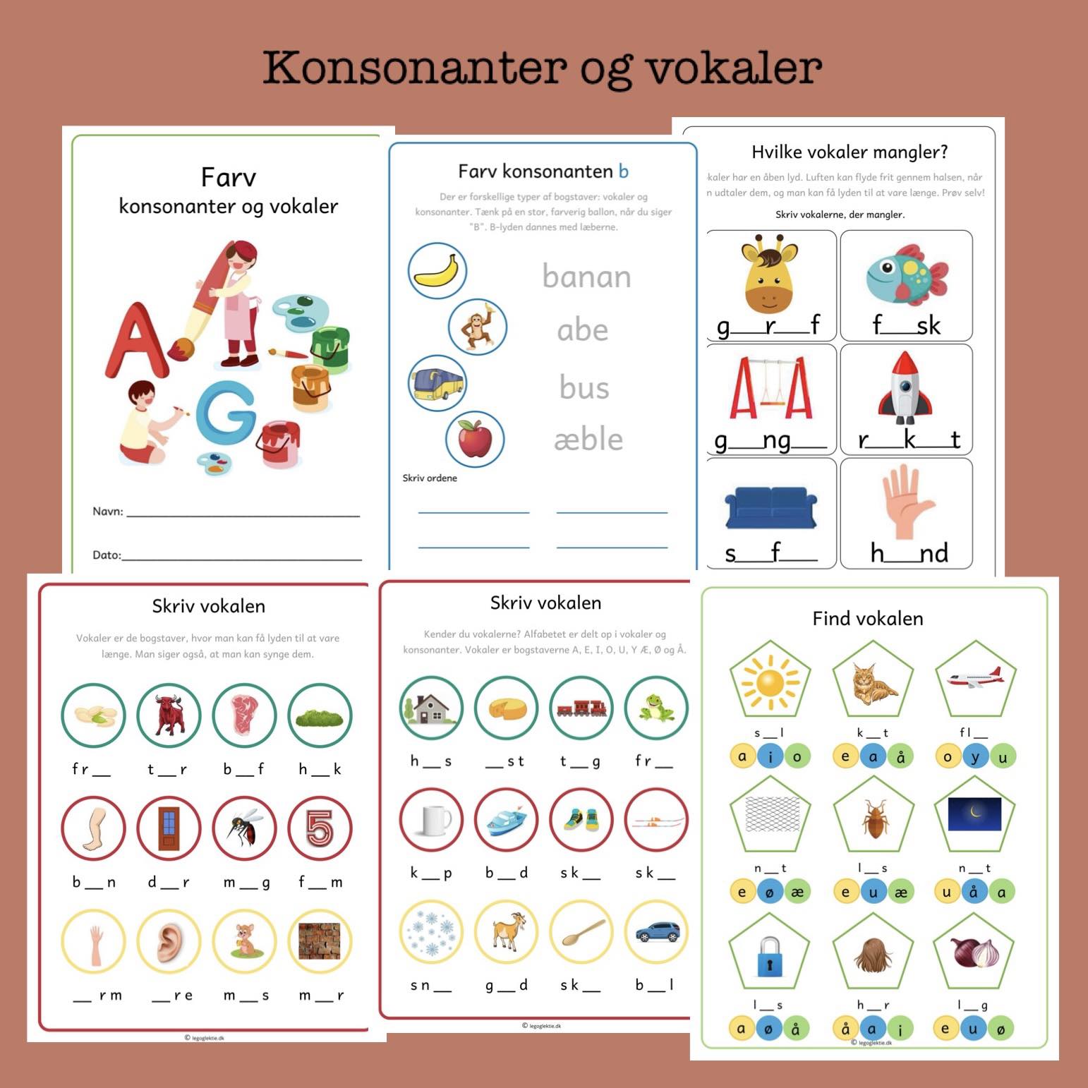 Billede af 4 opgavehæfter med konsonanter og vokaler (Print selv)