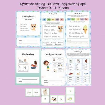 Danskopgaver med lydrette ord og de 120 ord til dansk 0. - 1. klasse.